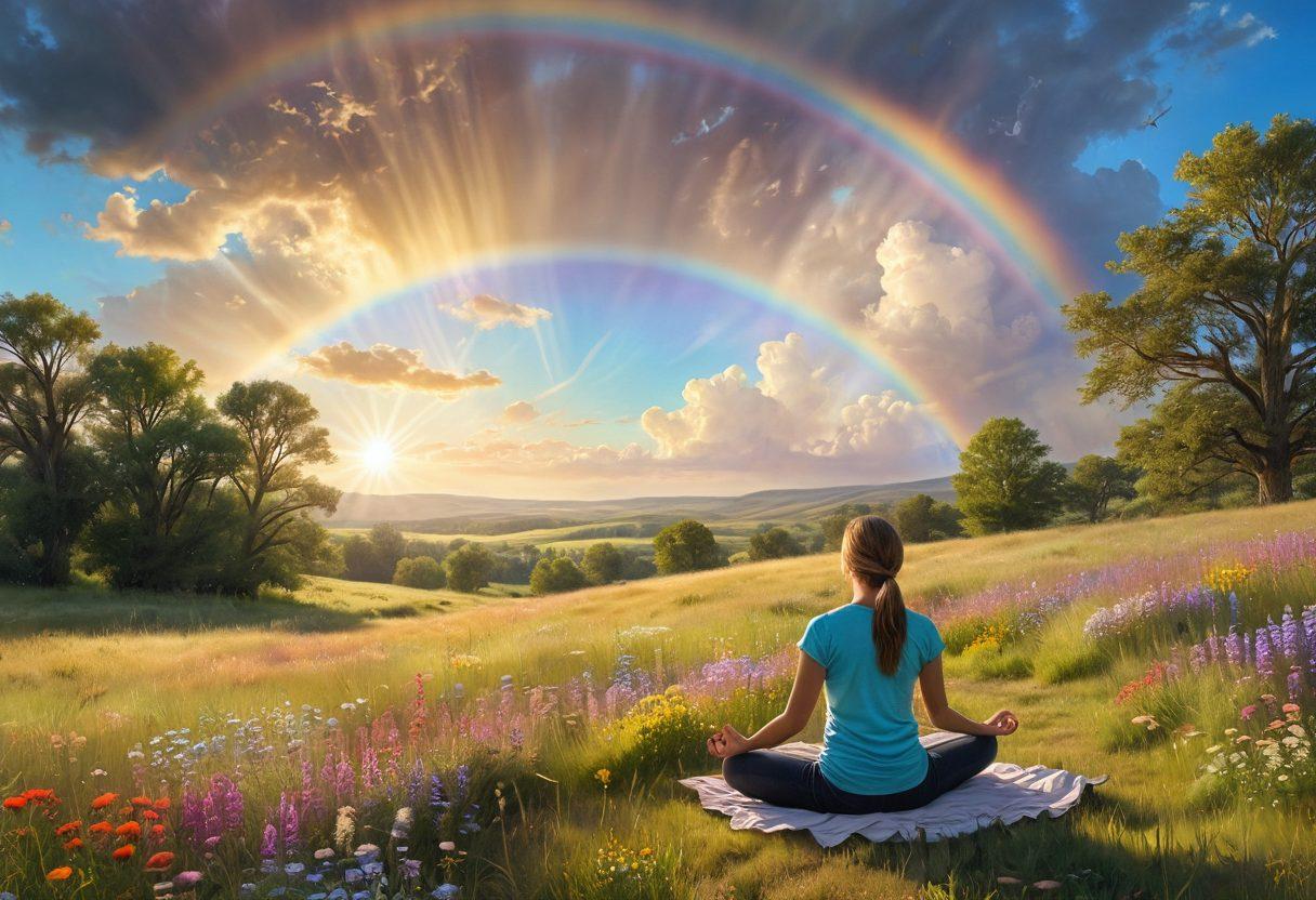 A serene landscape featuring a sunlit meadow filled with blooming wildflowers, where a person is meditating peacefully with a gentle smile. Soft rays of sunlight filter through fluffy clouds, and a rainbow arches in the sky, symbolizing joy and tranquility. The scene encapsulates harmony with nature, evoking feelings of happiness and serenity. soft pastel colors. super-realistic.