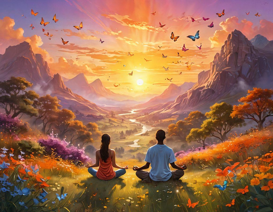 An ethereal scene of a serene landscape with a sunrise illuminating a peaceful valley filled with blooming flowers, representing joy and optimism. In the foreground, a person sits cross-legged, meditating with a radiant aura, surrounded by soft glowing butterflies and vibrant colors. The sky is a gradient of warm yellows and oranges, symbolizing newfound hope and happiness. super-realistic. vibrant colors. dreamy atmosphere.