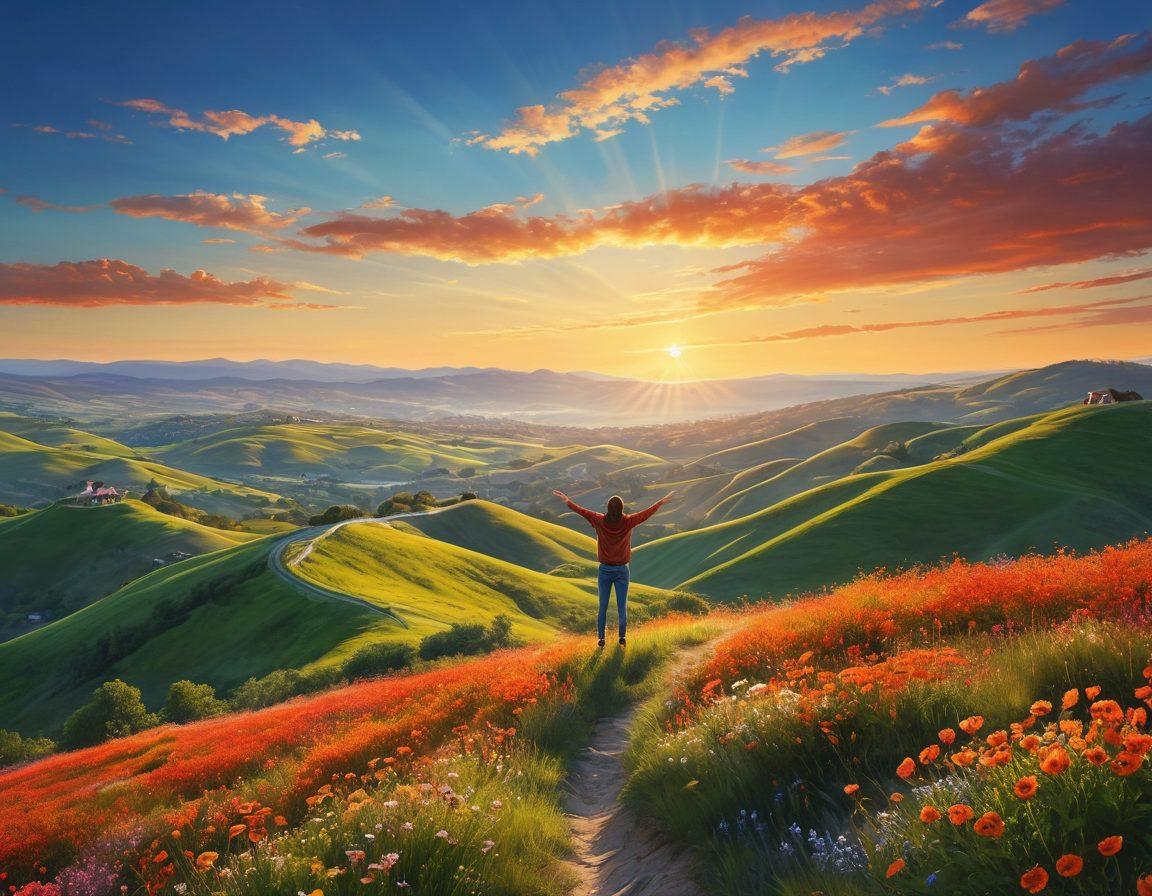 A vibrant sunrise illuminating a serene landscape, where a person stands on a hilltop with arms open wide, surrounded by blooming flowers symbolizing optimism and growth. In the background, gentle rolling hills and a clear blue sky enhance the sense of positivity. Warm colors exude a feeling of delight and possibility. super-realistic. vibrant colors.
